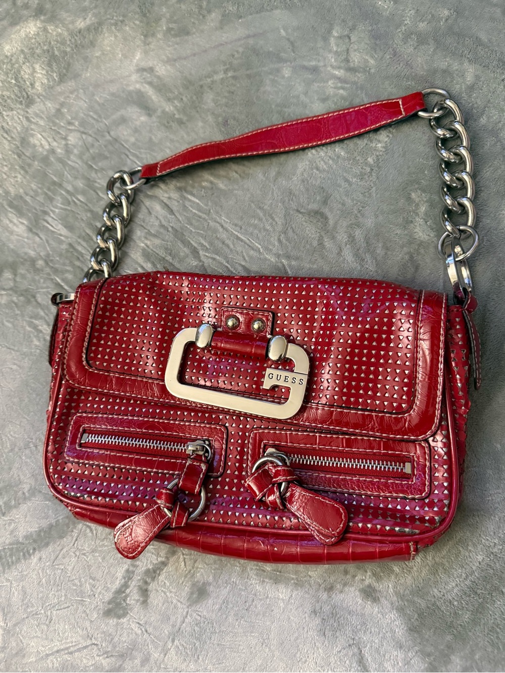 GUESS Red Studded Shoulder Bag with Chain Strap
